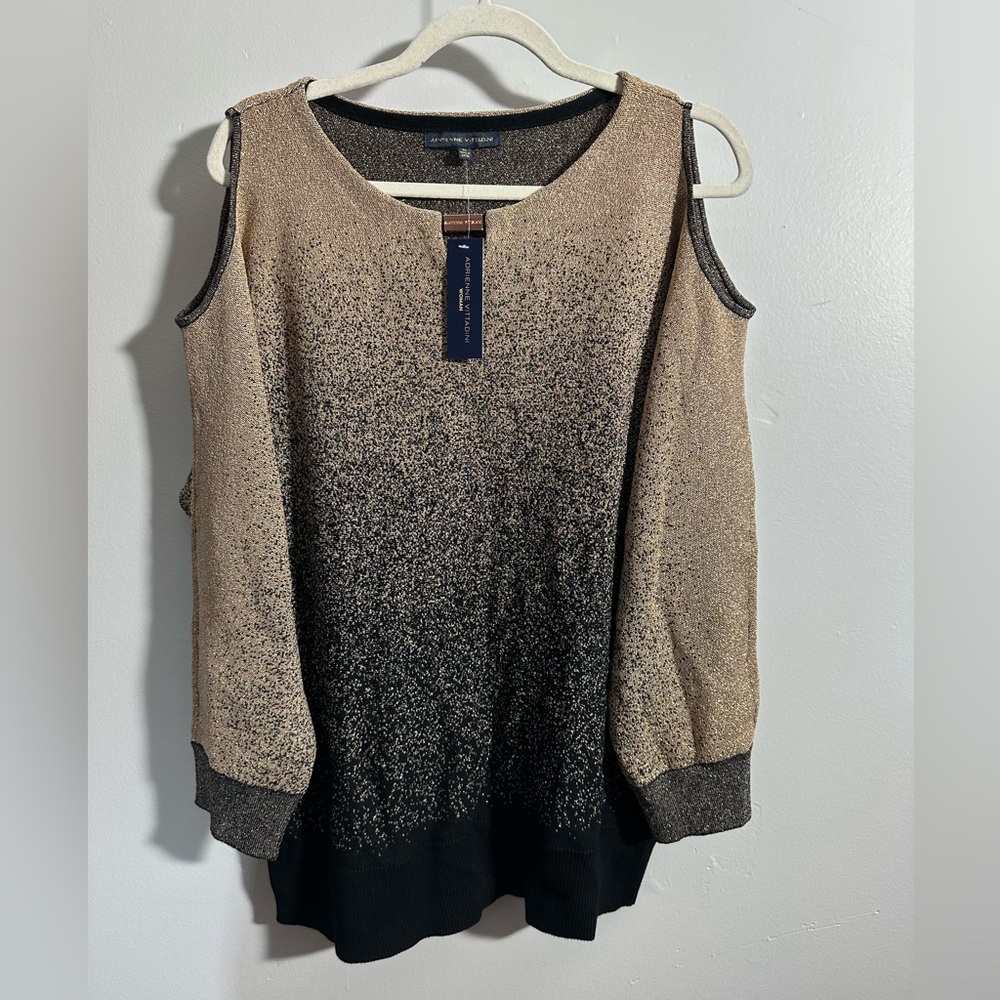 NWT Adrienne Vittadini Women's 1X Cold Shoulder Black Gold Sweater | SKU 0800